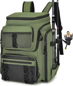 Fishing Backpack with Rod Holder, Waterproof Fishing Bag for Fishing Gear, 42L Large Capacity Tackle Box Backpack (Green)
