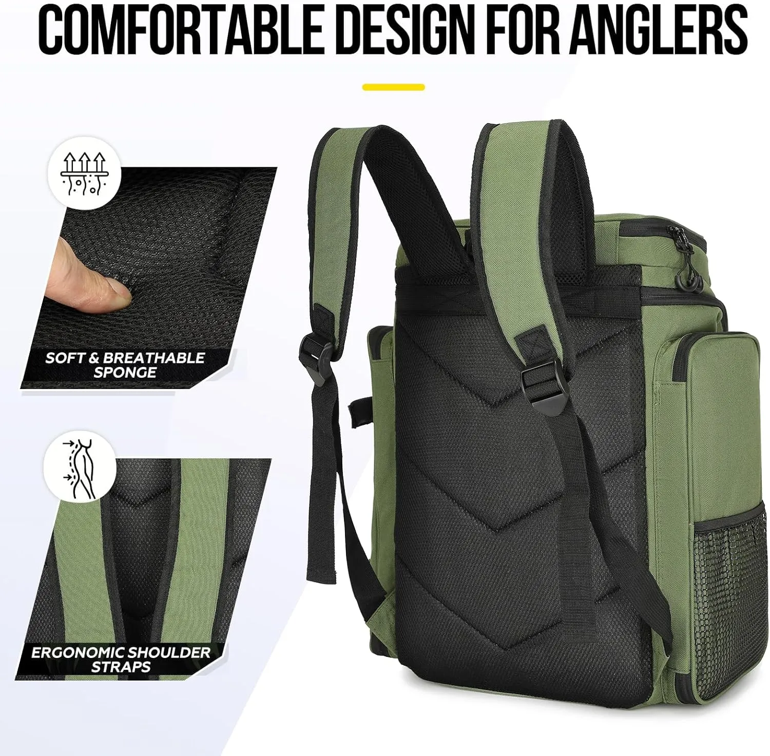 Fishing Backpack with Rod Holder, Waterproof Fishing Bag for Fishing Gear, 42L Large Capacity Tackle Box Backpack (Green)