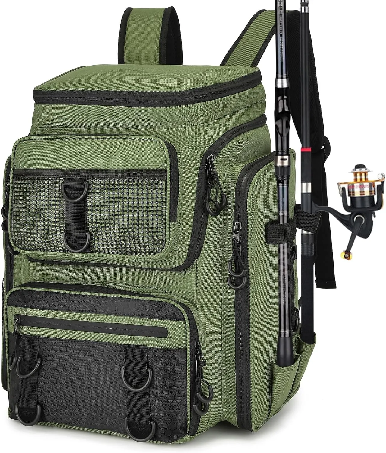 Fishing Backpack with Rod Holder, Waterproof Fishing Bag for Fishing Gear, 42L Large Capacity Tackle Box Backpack (Green)