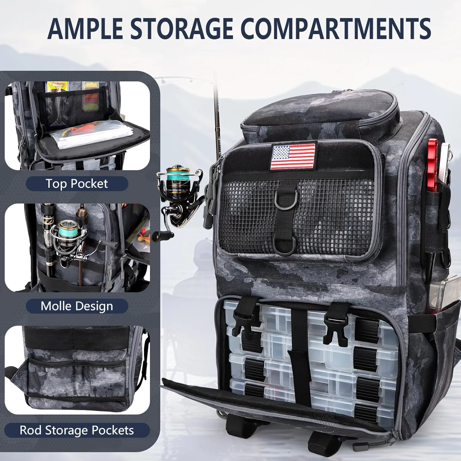 Fishing Backpack with Rod Holders, Ultimate Tackle Box Bakpack for Men, 42L Large Tackle Bag Store Fishing Gear