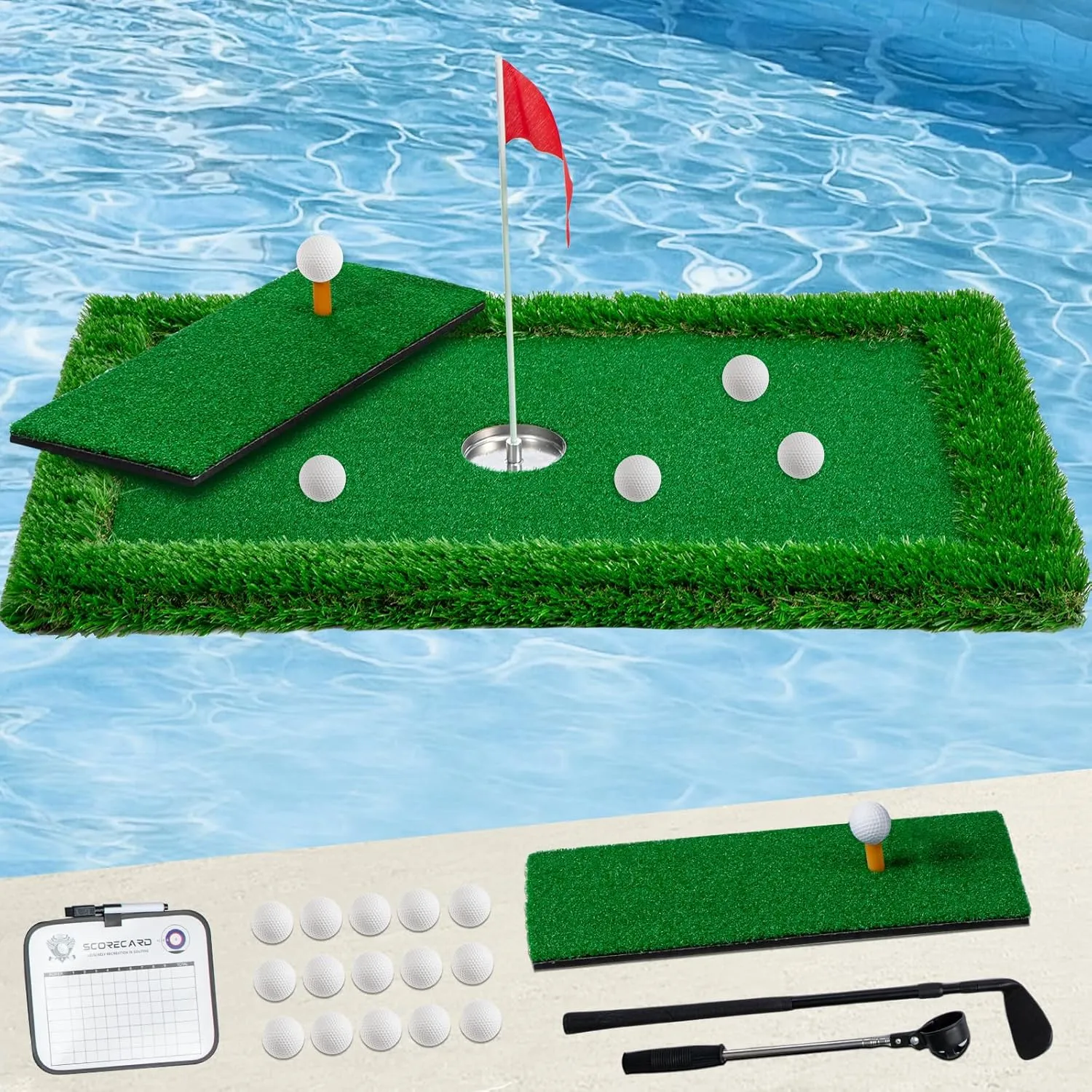 Floating Golf Green for Pool & Lake, Chipping Green Mat (23.6"x35.4") with Ball Retriever, Chipping Club, Floating Golf Balls & Scorecard, Outdoor & Indoor Game, Golfers Gift
