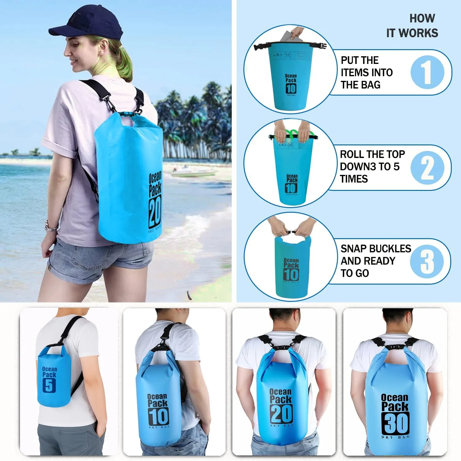Floating Waterproof Dry Bag Backpack 5L/10L/20L, Roll Top Bag for Kayaking, Rafting, Boating, Swimming, Camping, Hiking, Beach, Fishing, Waterproof Beach Bag. (Blue, 30L)