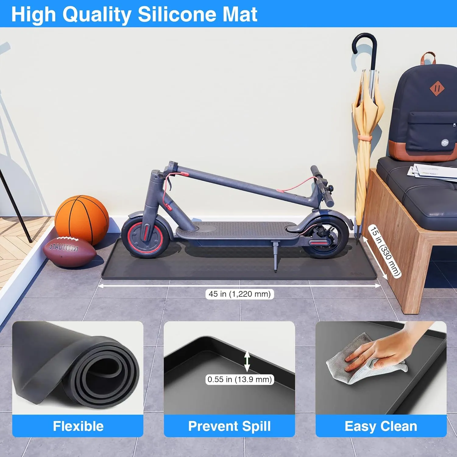 Floor Protection Mat for Electric Scooter | 48" x 15" in | Waterproof, Non-Slip, Durable, Easy Clean | Protects Floor from Dirt, Scratches, Moisture | Perfect for Home, Office, Garage (Dark Gray)
