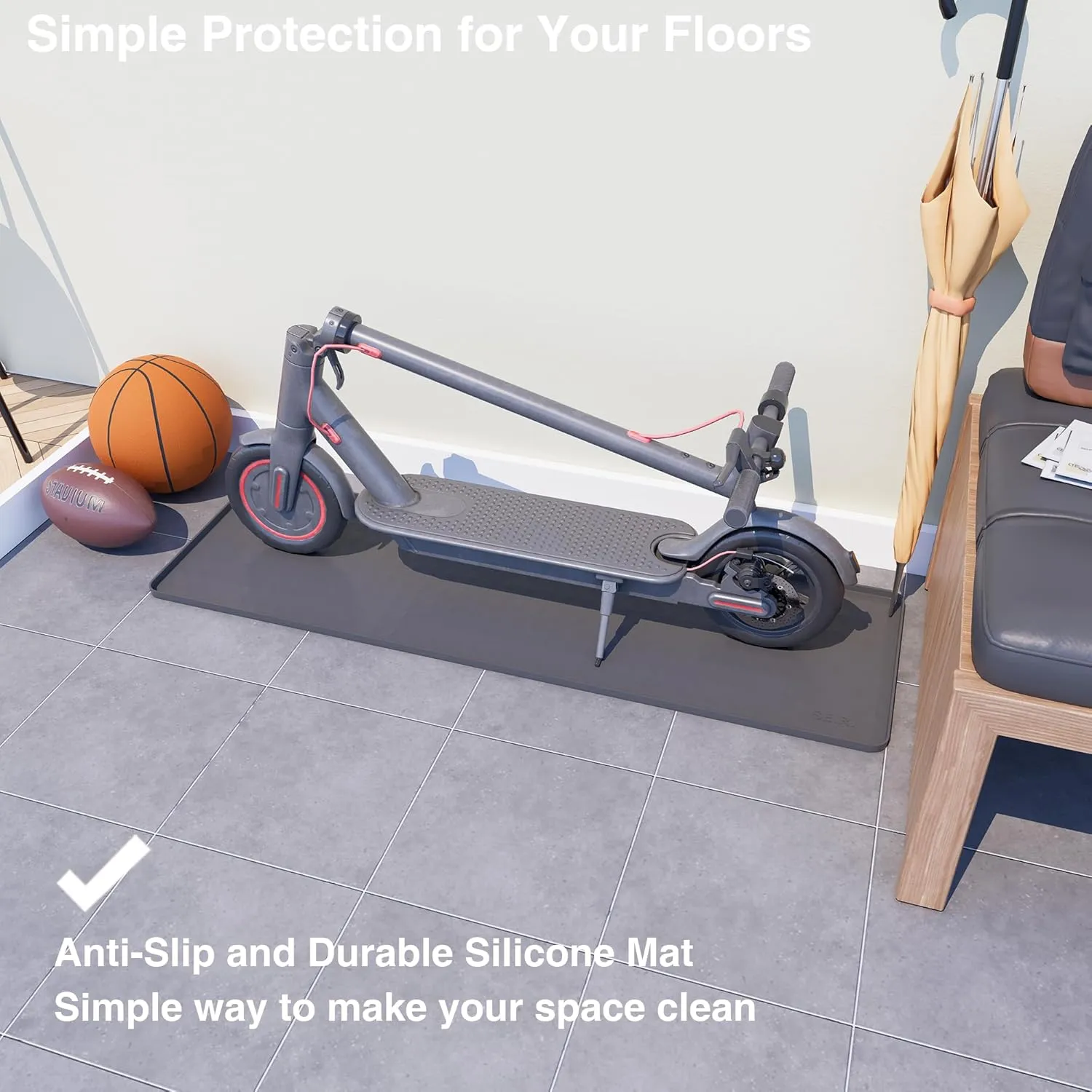Floor Protection Mat for Electric Scooter | 48" x 15" in | Waterproof, Non-Slip, Durable, Easy Clean | Protects Floor from Dirt, Scratches, Moisture | Perfect for Home, Office, Garage (Dark Gray)