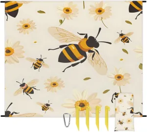 Floral Bee Beach Blanket, Sandproof Beach Mat, 68 x 59 Waterproof Quick Drying Sand Free Mat with 4 x Ground Spikes for Outdoor Travel Camping Hiking, Honey Bee