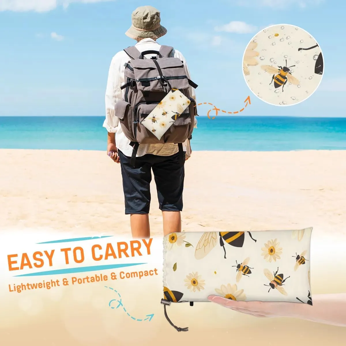 Floral Bee Beach Blanket, Sandproof Beach Mat, 68 x 59 Waterproof Quick Drying Sand Free Mat with 4 x Ground Spikes for Outdoor Travel Camping Hiking, Honey Bee