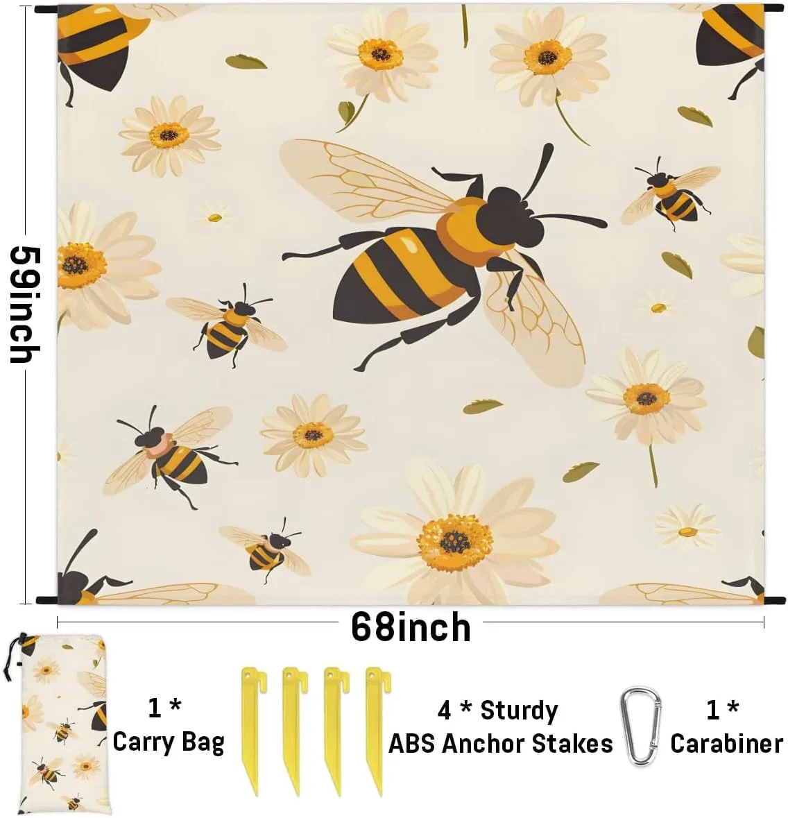 Floral Bee Beach Blanket, Sandproof Beach Mat, 68 x 59 Waterproof Quick Drying Sand Free Mat with 4 x Ground Spikes for Outdoor Travel Camping Hiking, Honey Bee