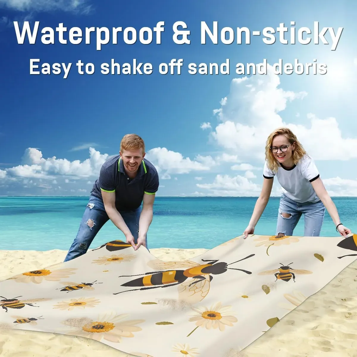 Floral Bee Beach Blanket, Sandproof Beach Mat, 68 x 59 Waterproof Quick Drying Sand Free Mat with 4 x Ground Spikes for Outdoor Travel Camping Hiking, Honey Bee