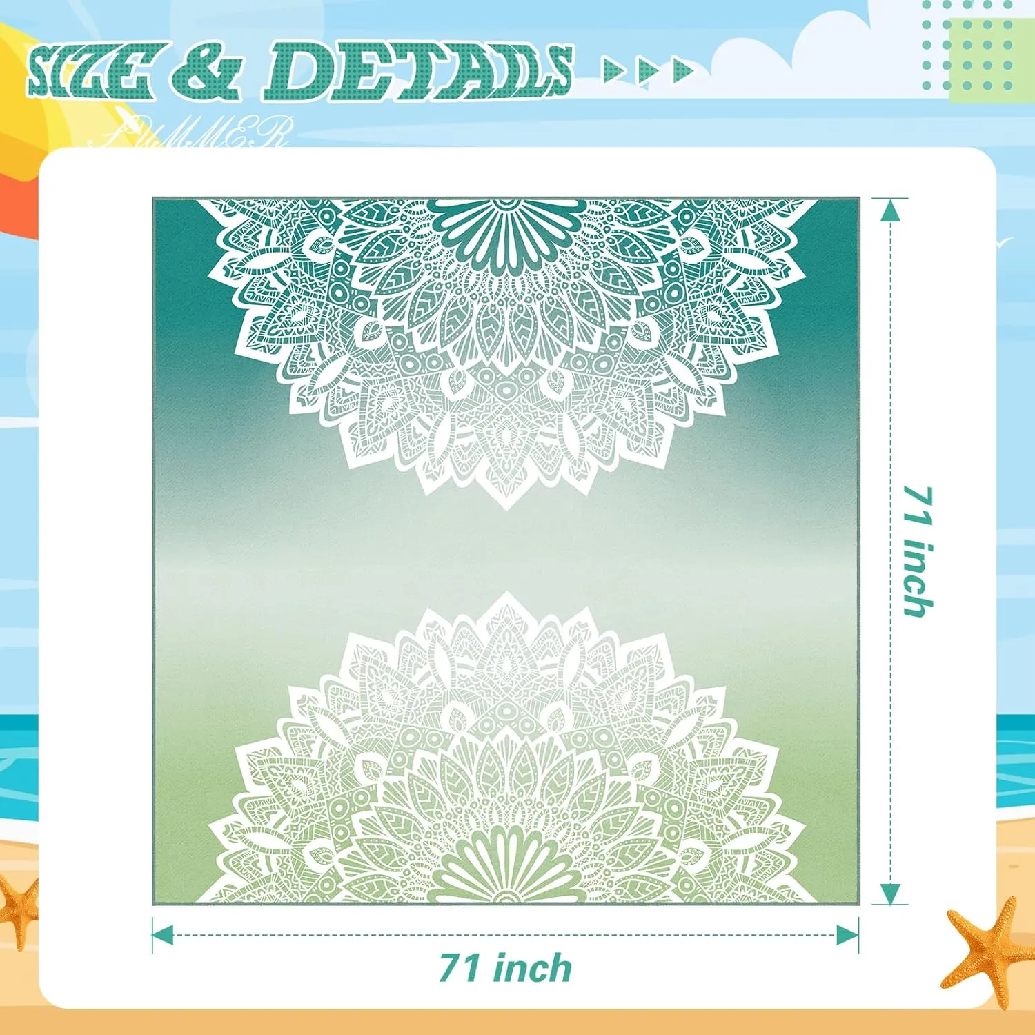 Flutesan Oversized Beach Towel Blanket 71 x 71 Boho Microfiber Beach Towel Lightweight Sand Giant Sandbeach Towels for Adult Summer Travel Camping Hiking Picnic(Turquoise,Mandala)