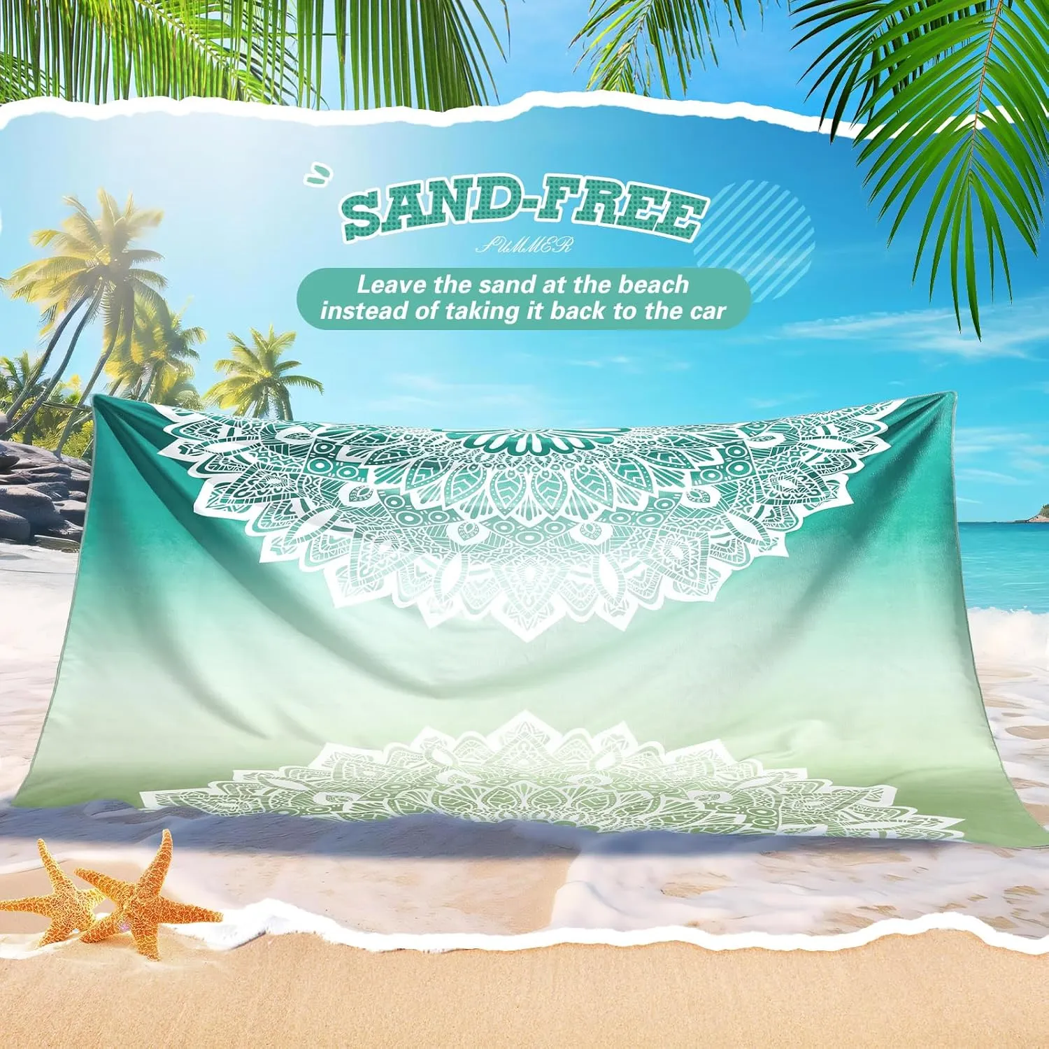 Flutesan Oversized Beach Towel Blanket 71 x 71 Boho Microfiber Beach Towel Lightweight Sand Giant Sandbeach Towels for Adult Summer Travel Camping Hiking Picnic(Turquoise,Mandala)