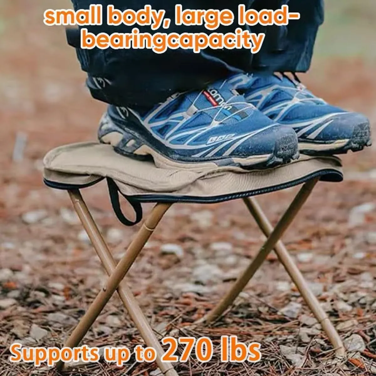 Foldable Backpack Stool, Small Foldable Fishing Chair, Portable Camping Stools & Collapsible Chair with Adjustable Strap for Camping, Fishing, Outdoor Barbecue (Khaki, Small)