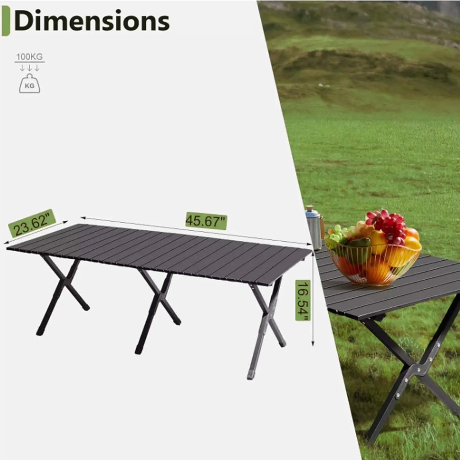 Foldable Camping Table, Lightweight Outdoor Camp Table with Storage Bag, Aluminum Roll-Up Camp Table for Picnic, Backyards, BBQ, Garden, Party, Backyard, 220 LBS Heavy Duty Load, 46x24 in, Black
