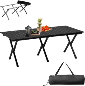 Foldable Camping Table, Lightweight Outdoor Camp Table with Storage Bag, Aluminum Roll-Up Camp Table for Picnic, Backyards, BBQ, Garden, Party, Backyard, 220 LBS Heavy Duty Load, 46x24 in, Black