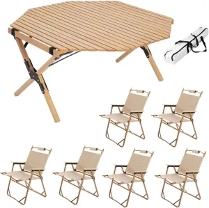 Foldable Camping Table with 6 air, Portable Picnic Table and airs, Roll-up Table Top Outdoor BBQ Table Folding Table Ultralight Lawn air for Garden Patio