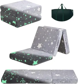 Foldable Floor Mattress for Kids,Folding Toddler Floor Nap Mat for Sleeping Daycare,Trifold Foam Mattress Floor Bed,Child Trifold Futon Sofa with Storage Bag,57''x23''(Glow Star)