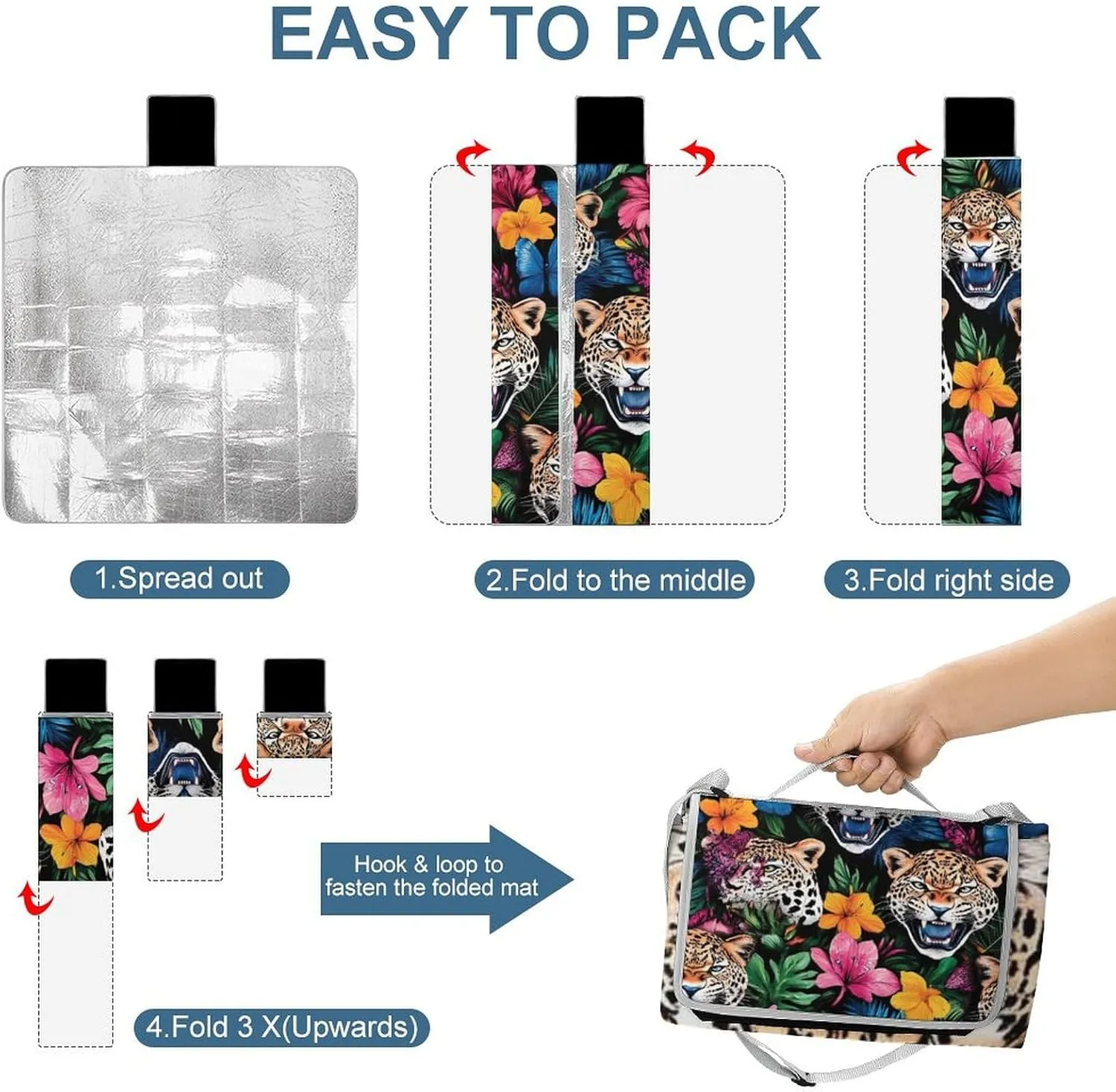Foldable Jungle Florals Cheetah Leopard Print Picnic Mat for Women and Men, Portable Waterproof Beach Blanket for Outdoor Camping Park Travel Accessories