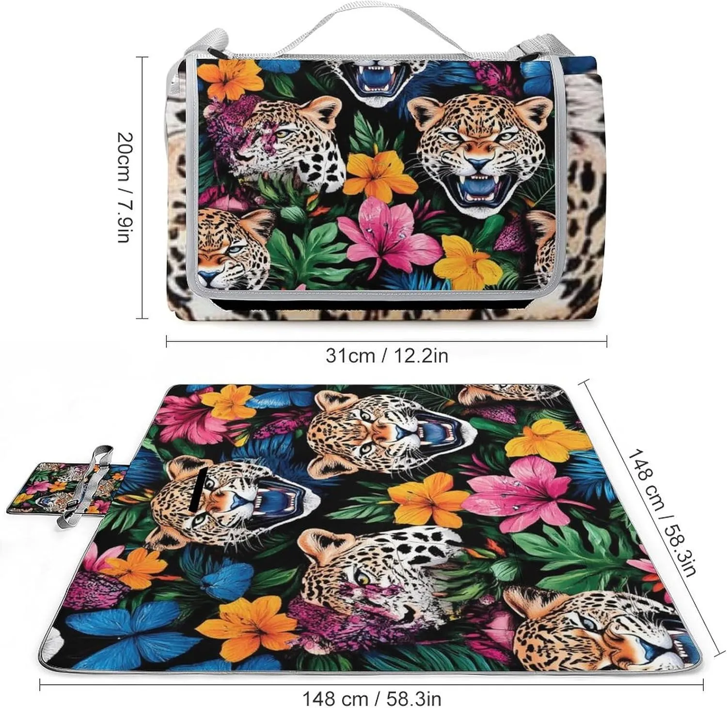 Foldable Jungle Florals Cheetah Leopard Print Picnic Mat for Women and Men, Portable Waterproof Beach Blanket for Outdoor Camping Park Travel Accessories