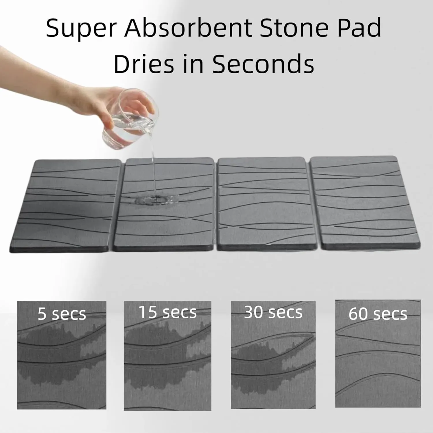 Foldable Large Stone Bath Mat, Super Absorbent Diatomaceous Earth Mat, Non-Slip 24 x 16 inch Quick Drying Mat, Compact and Easy to Store Bath Mats for Bathroom, Easy to Clean, Set of 4 Panels, Grey