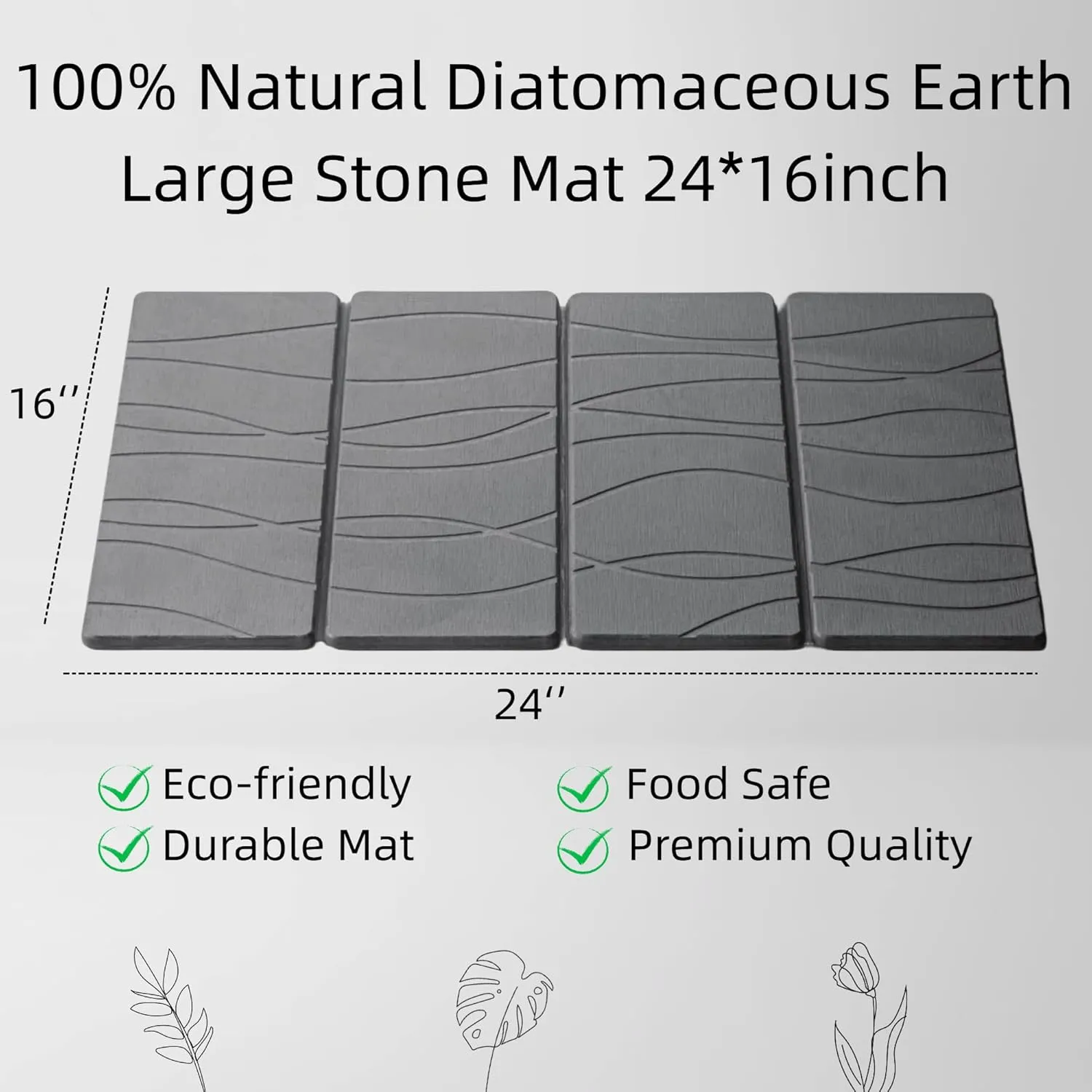 Foldable Large Stone Bath Mat, Super Absorbent Diatomaceous Earth Mat, Non-Slip 24 x 16 inch Quick Drying Mat, Compact and Easy to Store Bath Mats for Bathroom, Easy to Clean, Set of 4 Panels, Grey