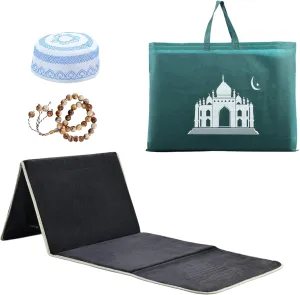 Foldable Muslim Prayer Mat with Back Rest Support, Thick Padded Islamic Prayer Rug, Travel Portable Carpet for Women Men, janamaz, Sajadah, Meditation Prayer Ramadan Eid Gift with Hat and 33 Beads
