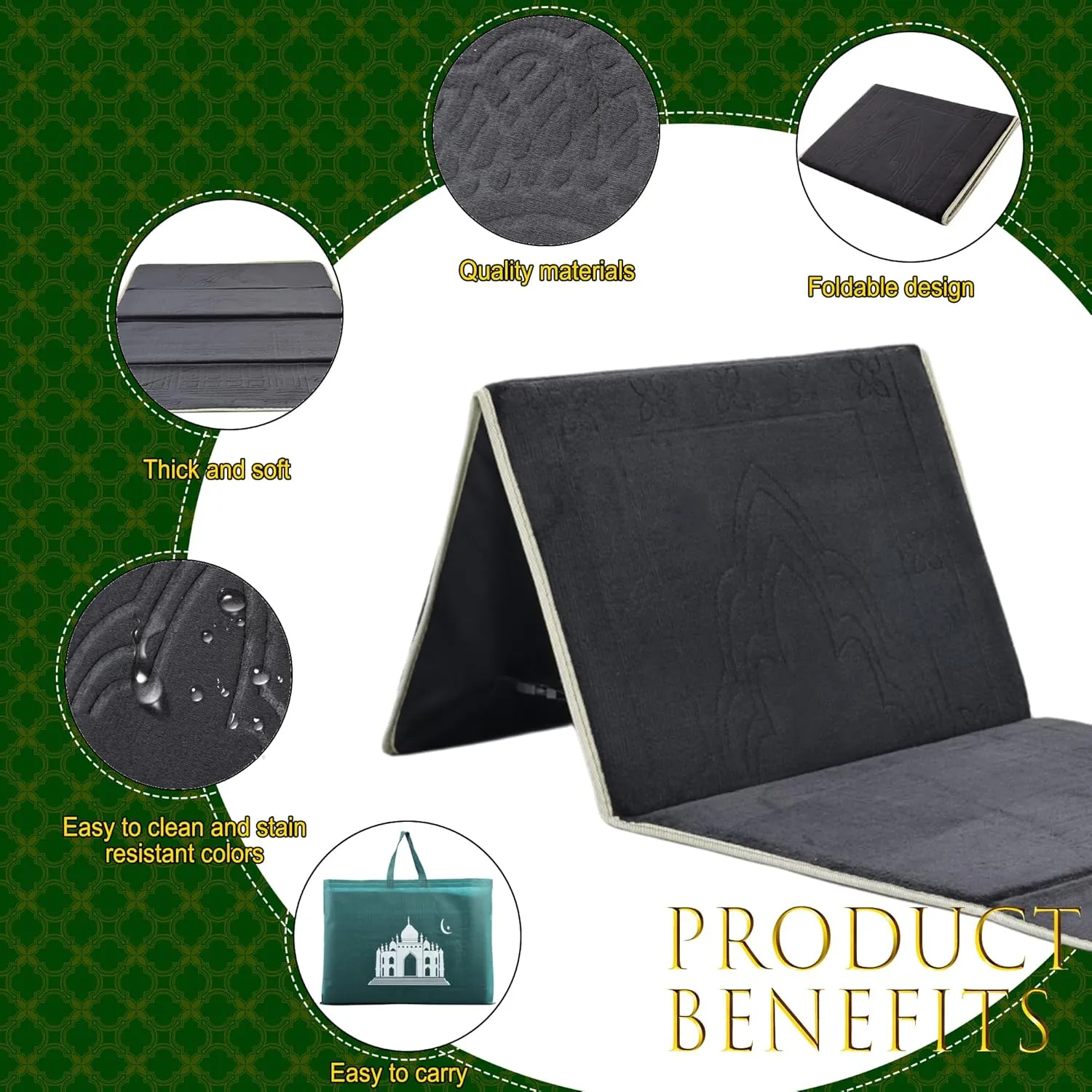 Foldable Muslim Prayer Mat with Back Rest Support, Thick Padded Islamic Prayer Rug, Travel Portable Carpet for Women Men, janamaz, Sajadah, Meditation Prayer Ramadan Eid Gift with Hat and 33 Beads