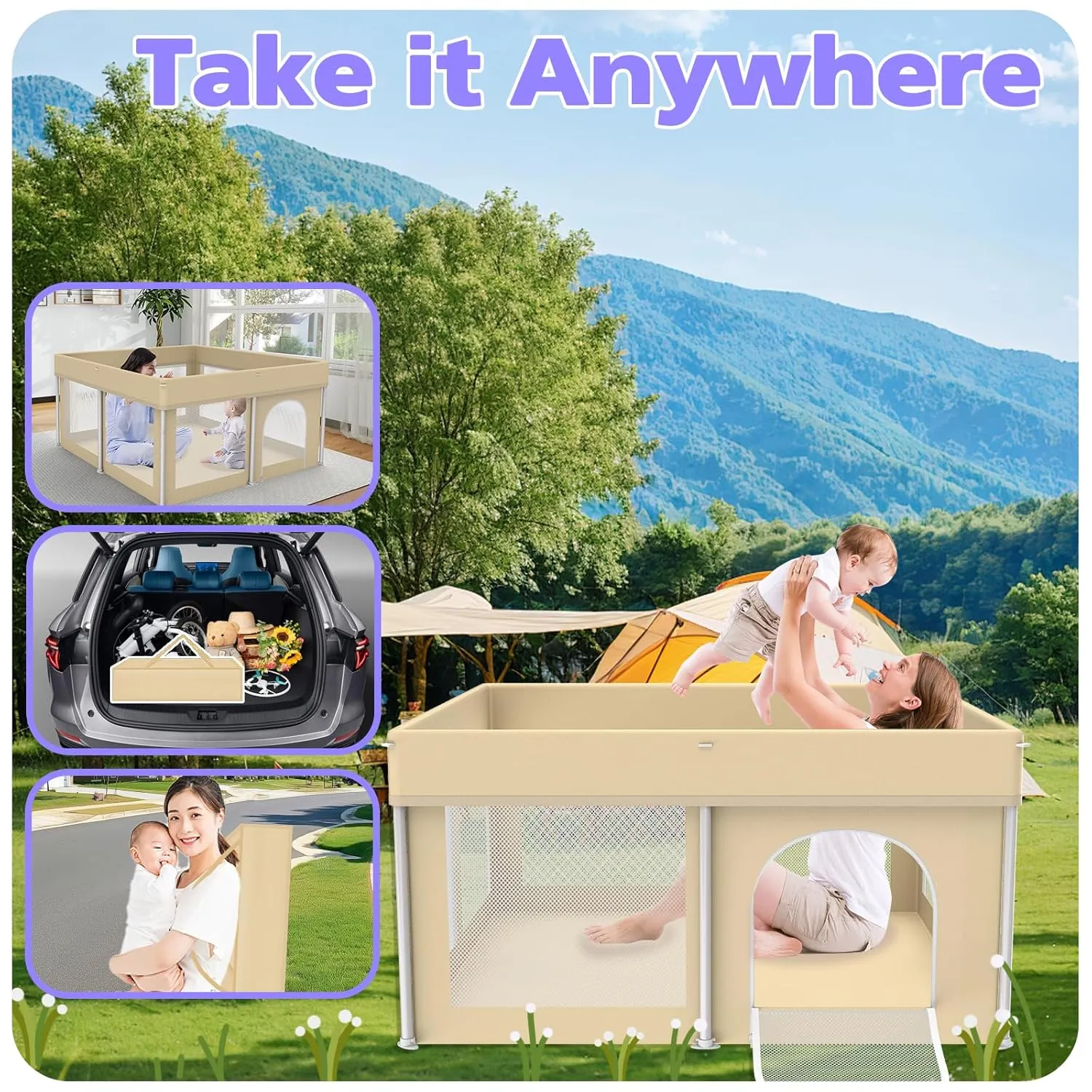 Foldable Playpen for Babies and Toddlers, 50"×50" Portable Playard with Carry Bag & 50 Ball Pit Balls, Indoor & Outdoor Baby Fence with Thick Mesh, No Assembly Required, Beige