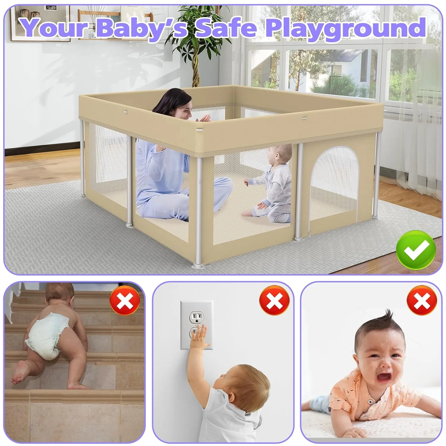 Foldable Playpen for Babies and Toddlers, 50"×50" Portable Playard with Carry Bag & 50 Ball Pit Balls, Indoor & Outdoor Baby Fence with Thick Mesh, No Assembly Required, Beige