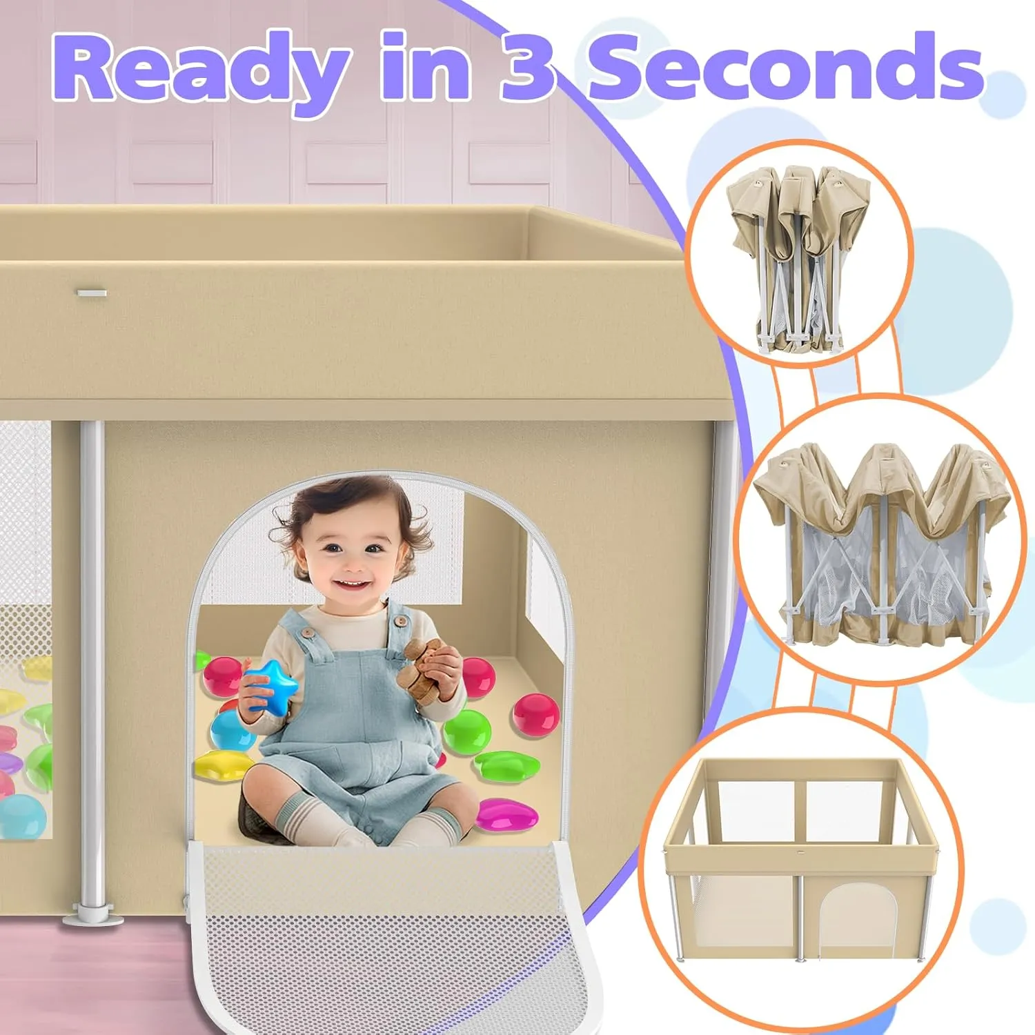 Foldable Playpen for Babies and Toddlers, 50"×50" Portable Playard with Carry Bag & 50 Ball Pit Balls, Indoor & Outdoor Baby Fence with Thick Mesh, No Assembly Required, Beige