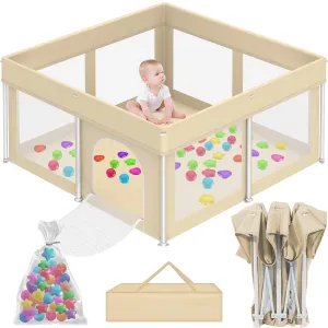Foldable Playpen for Babies and Toddlers, 50"×50" Portable Playard with Carry Bag & 50 Ball Pit Balls, Indoor & Outdoor Baby Fence with Thick Mesh, No Assembly Required, Beige