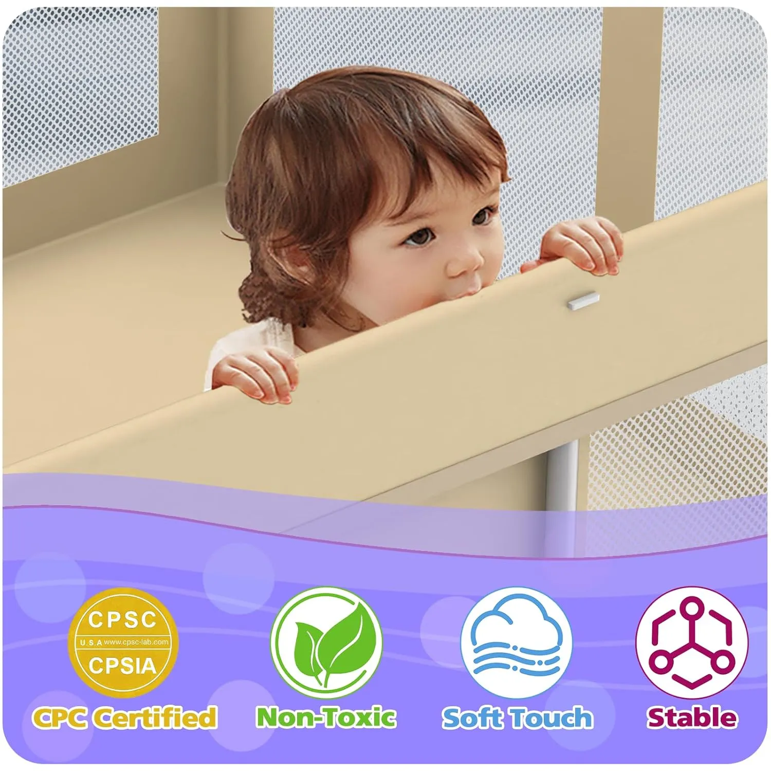 Foldable Playpen for Babies and Toddlers, 50"×50" Portable Playard with Carry Bag & 50 Ball Pit Balls, Indoor & Outdoor Baby Fence with Thick Mesh, No Assembly Required, Beige