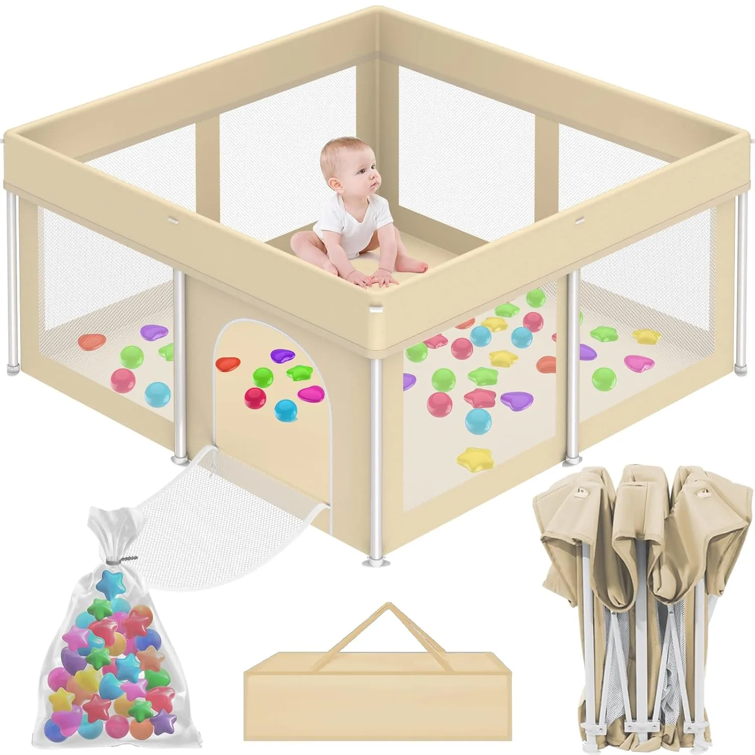 Foldable Playpen for Babies and Toddlers, 50"×50" Portable Playard with Carry Bag & 50 Ball Pit Balls, Indoor & Outdoor Baby Fence with Thick Mesh, No Assembly Required, Beige