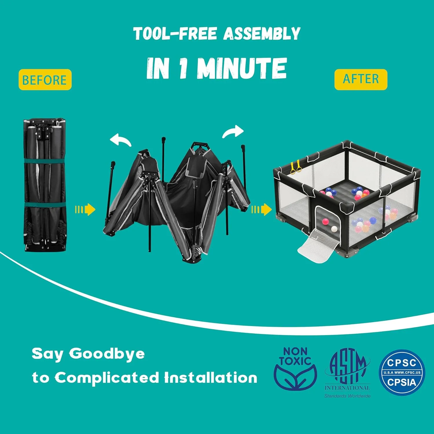 Foldable Playpen for Babies and Toddlers, 50x50 Inches Portable Playpen, Kids Collapsible Play Pen with 2 Handlers, Indoor & Outdoor Baby Fence Play Area with Visible Mesh, Black