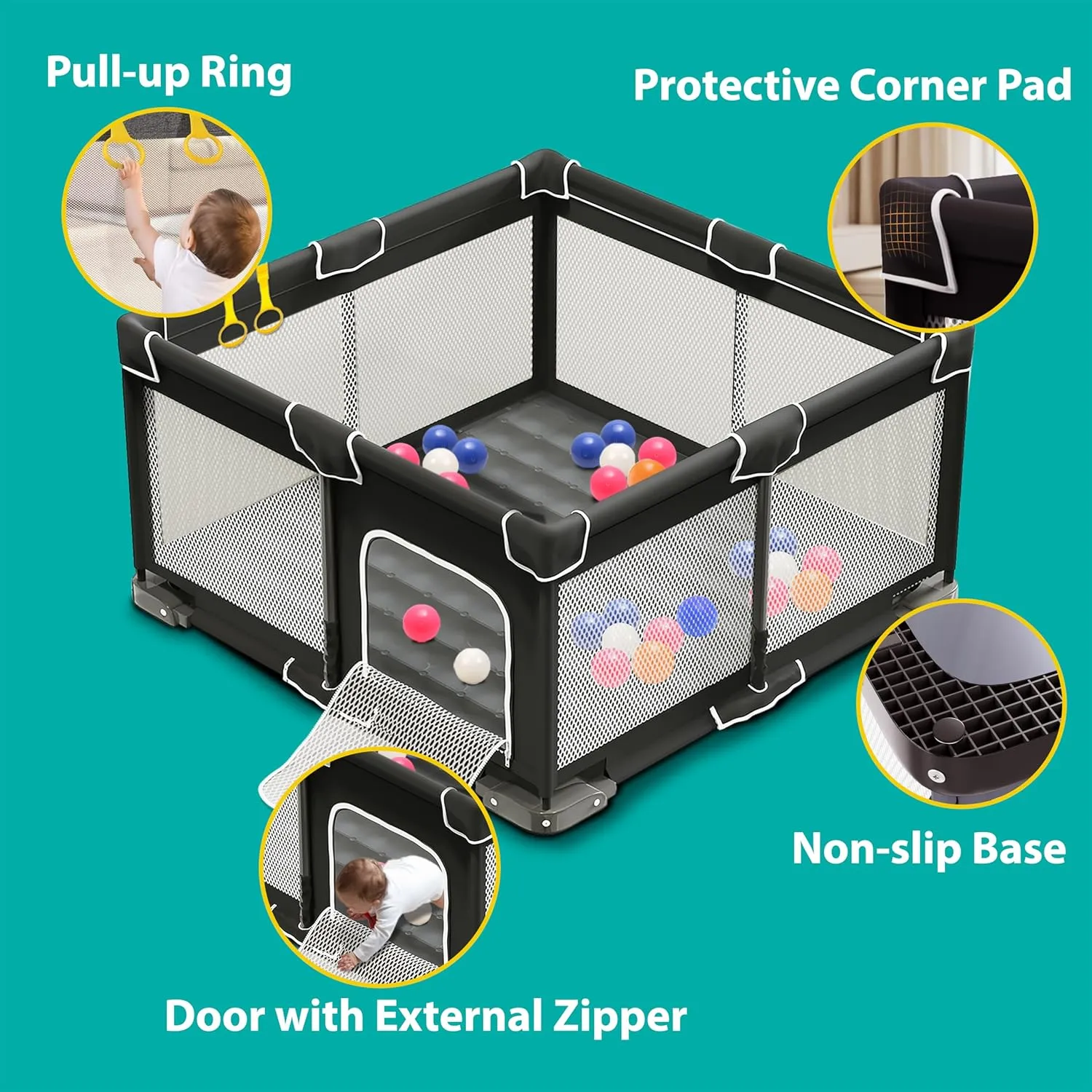Foldable Playpen for Babies and Toddlers, 50x50 Inches Portable Playpen, Kids Collapsible Play Pen with 2 Handlers, Indoor & Outdoor Baby Fence Play Area with Visible Mesh, Black