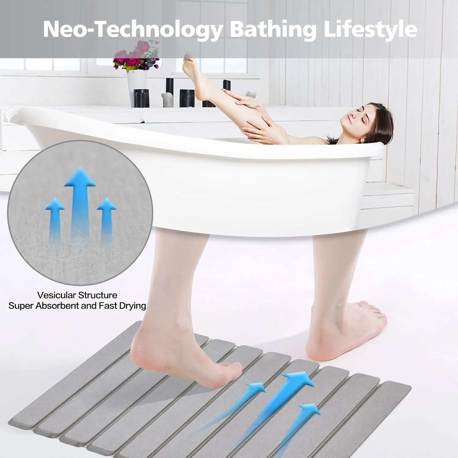 Foldable Stone Bath Mat, Non-Slip Diatomaceous Earth Bath Mat, Super Absorbent Quick Drying Bath Stone Mat, Sleek & Luxury Bath mat for Bathroom Kitchen Bathtub, 23.4 * 15.4" Gray - 2 Pack