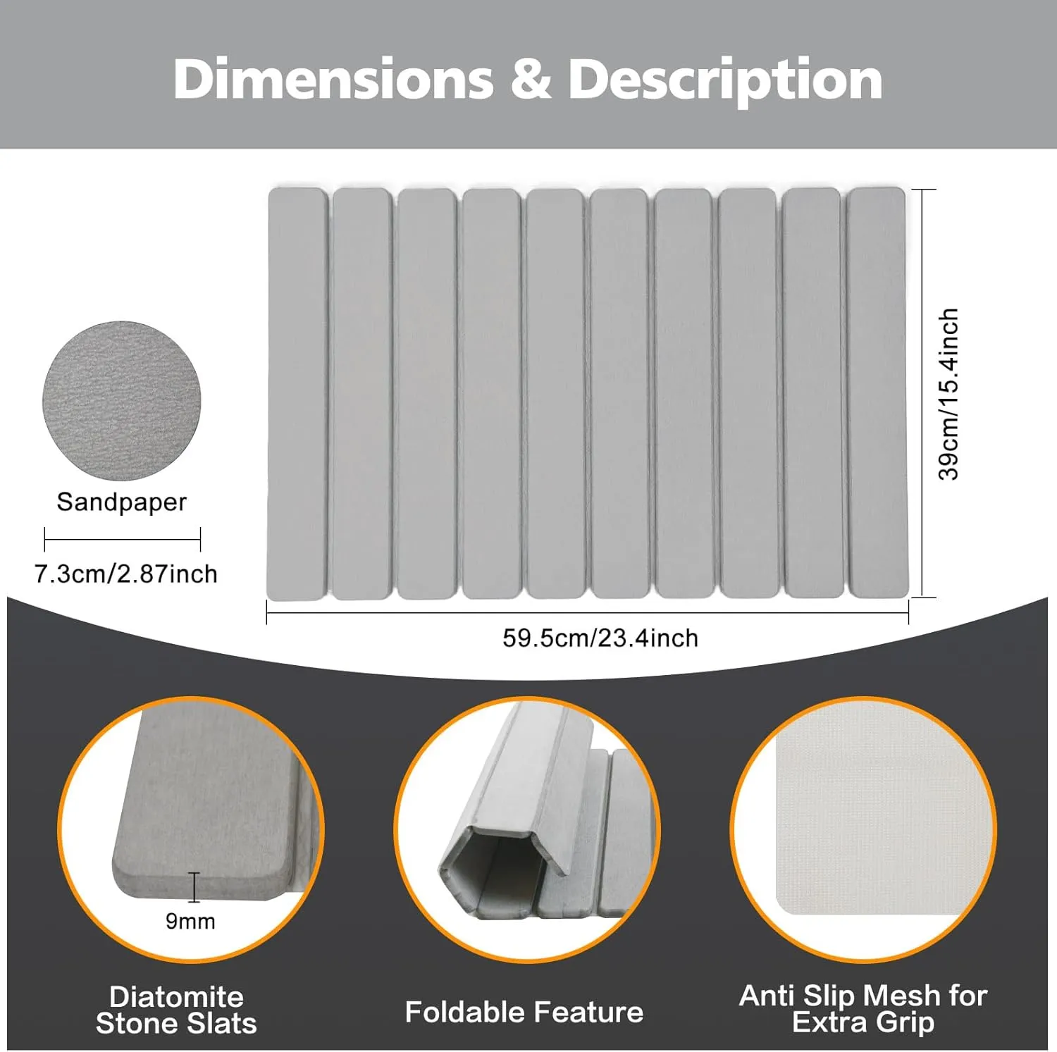 Foldable Stone Bath Mat, Non-Slip Diatomaceous Earth Bath Mat, Super Absorbent Quick Drying Bath Stone Mat, Sleek & Luxury Bath mat for Bathroom Kitchen Bathtub, 23.4 * 15.4" Gray - 2 Pack
