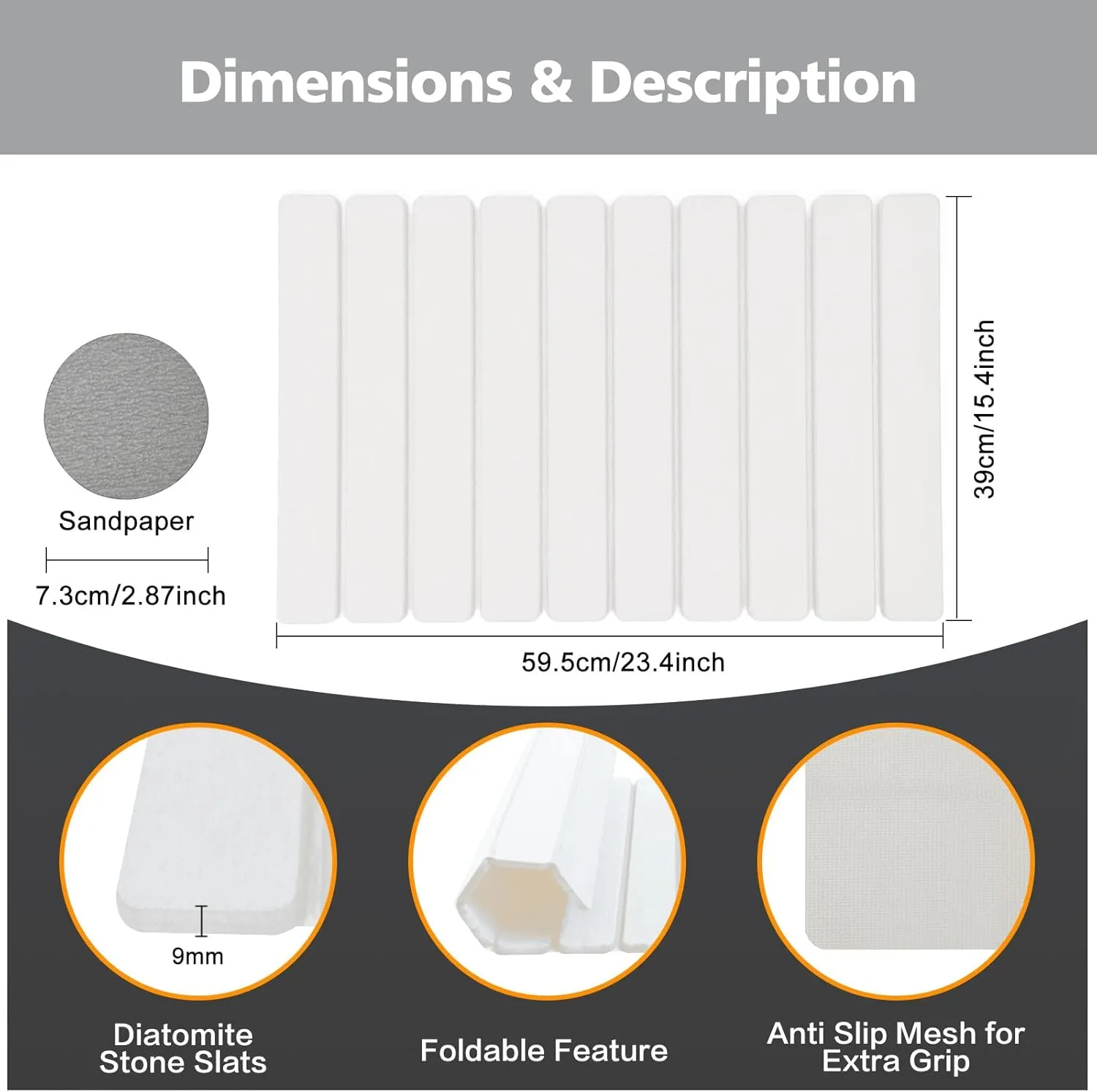 Foldable Stone Bath Mat, Non-Slip Diatomaceous Earth Bath Mat, Super Absorbent Quick Drying Bath Stone Mat, Sleek & Luxury Bath mat for Bathroom Kitchen Bathtub, 23.4 * 15.4" White - 2 Pack