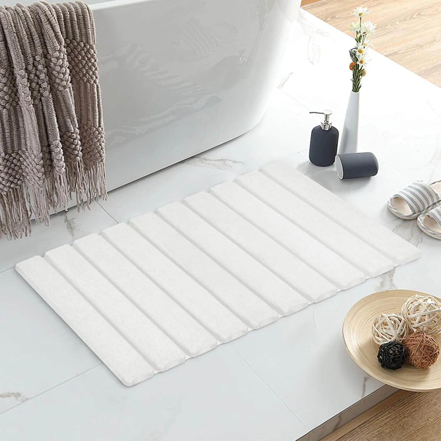 Foldable Stone Bath Mat, Non-Slip Diatomaceous Earth Bath Mat, Super Absorbent Quick Drying Bath Stone Mat, Sleek & Luxury Bath mat for Bathroom Kitchen Bathtub, 23.4 * 15.4" White - 2 Pack