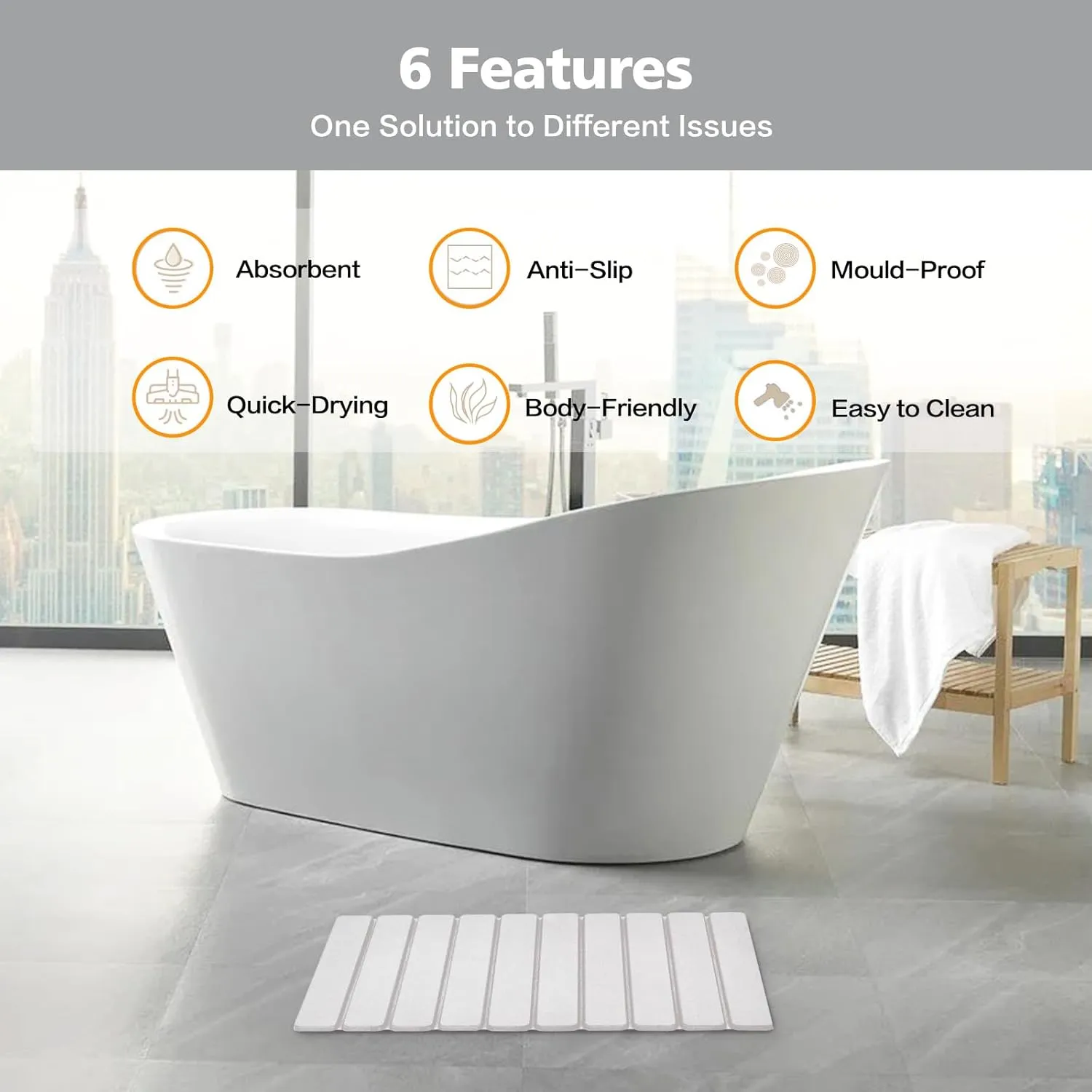 Foldable Stone Bath Mat, Non-Slip Diatomaceous Earth Bath Mat, Super Absorbent Quick Drying Bath Stone Mat, Sleek & Luxury Bath mat for Bathroom Kitchen Bathtub, 23.4 * 15.4" White - 2 Pack