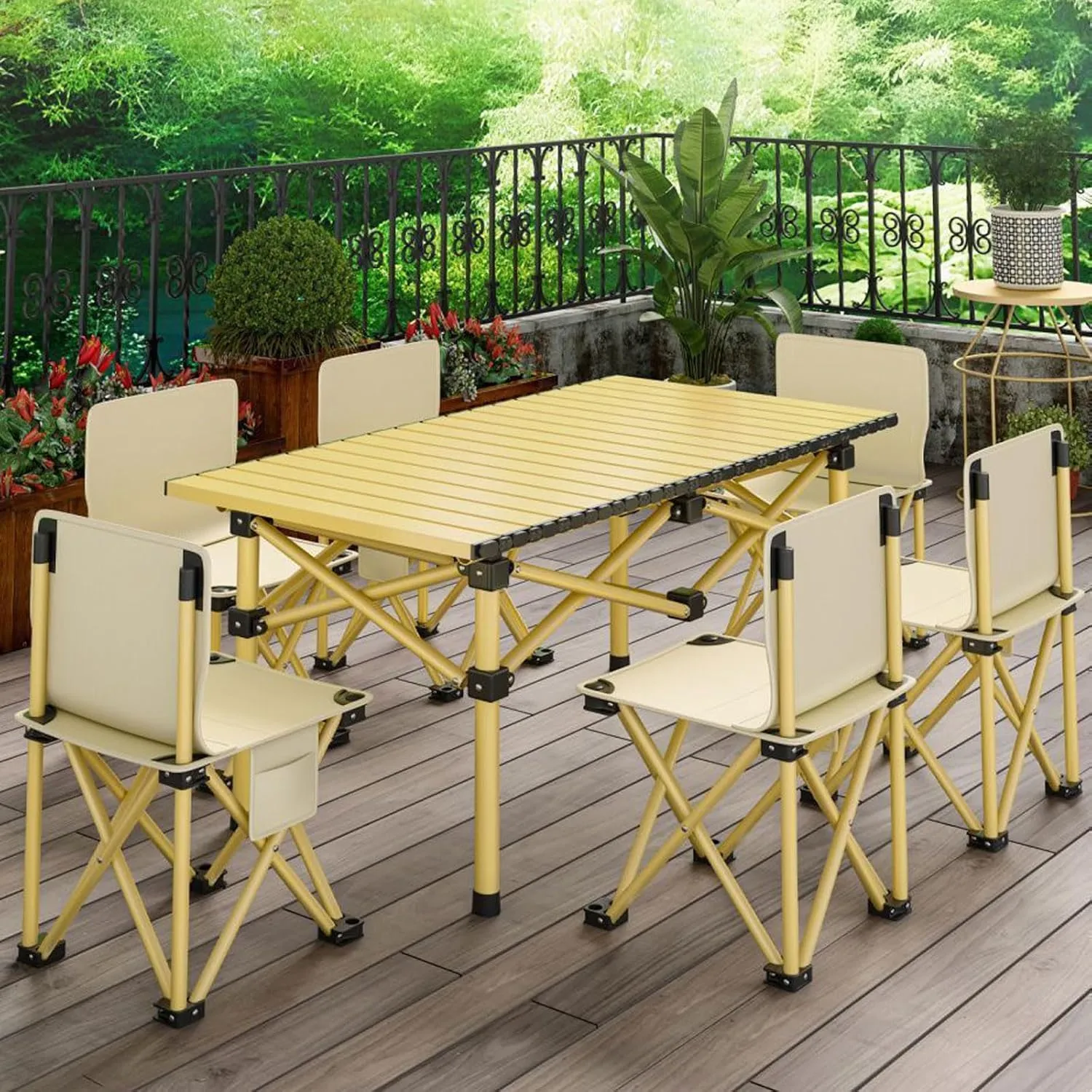 Folding Bea Picnic Tables Collapsible Backpack Lawn air Camping Folding air and Table Set with Roll up Carbon Steel Table Top for More People Party