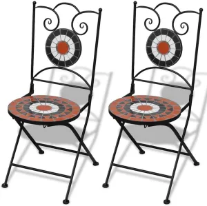 Folding Bistro Chairs 2 pcs Ceramic Terracotta and White Outdoor Patio Dining Chairs with Powder-Coated Iron Frame and Ceramic Seats for Garden, Balcony, or Terrace