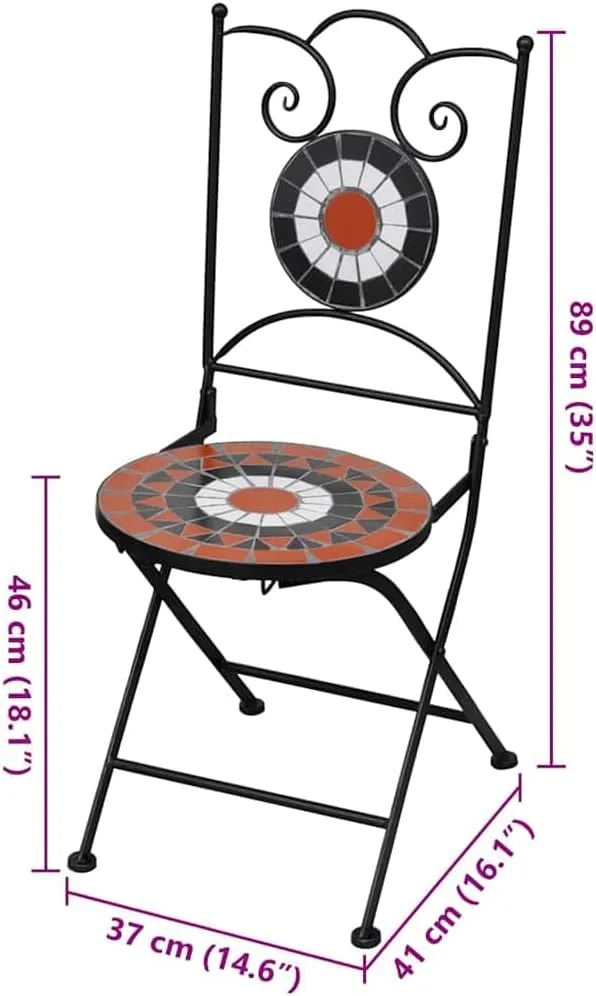 Folding Bistro Chairs 2 pcs Ceramic Terracotta and White Outdoor Patio Dining Chairs with Powder-Coated Iron Frame and Ceramic Seats for Garden, Balcony, or Terrace
