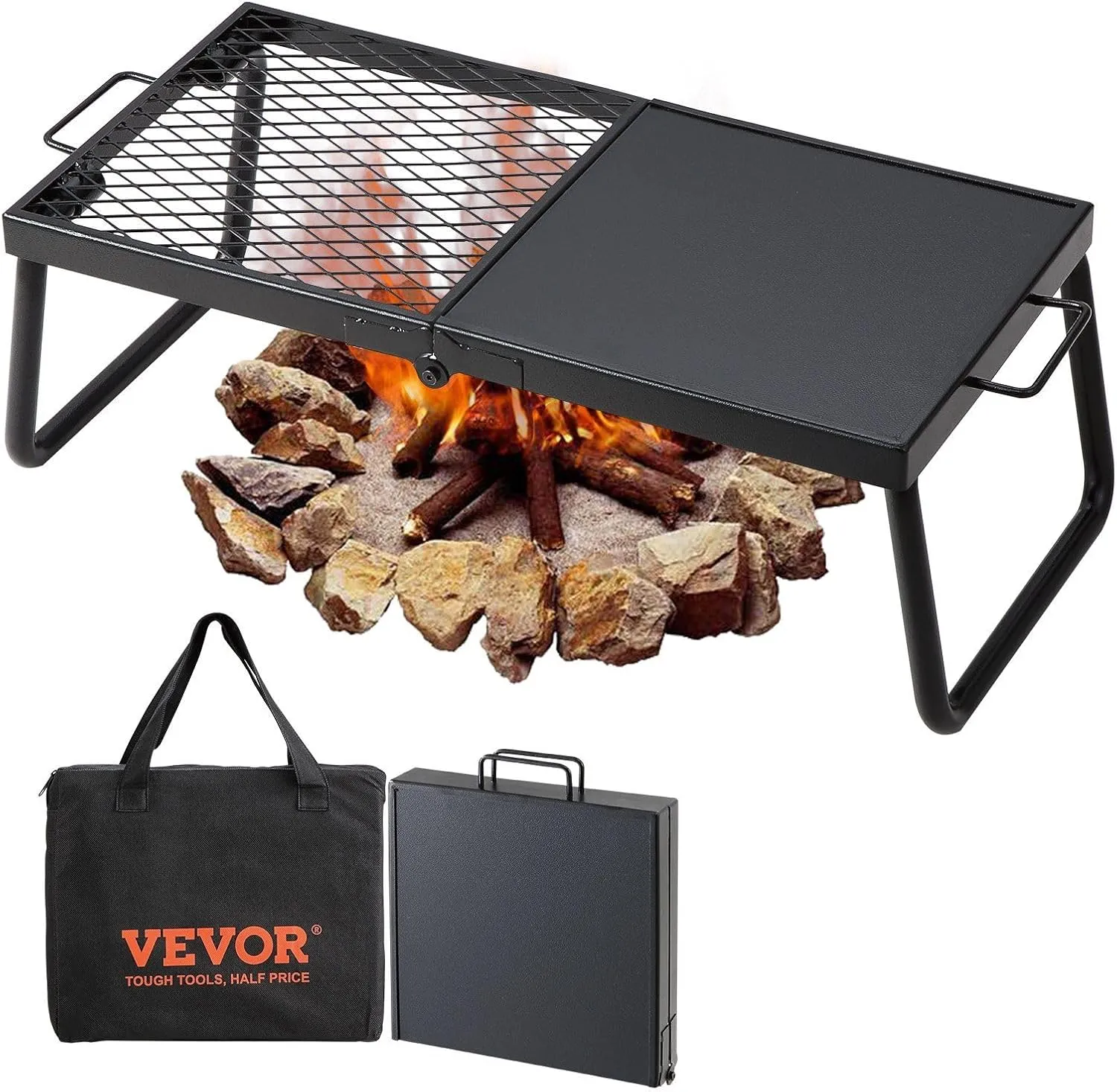Folding Campfire Grill, Heavy Duty Steel Mesh Grate, 22.4" Portable Camping Grates Over Fire Pit, Camp Fire Cooking Equipment with Legs Carrying Bag, Grilling Rack for Outdoor Open Flame Cooking