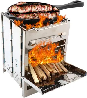 Folding Camping Stove with BBQ Grill, Portable Wood Burning Camping Stove, Stainless Steel Backpacking Stove, Barbecue Stove, for Travelling Hiking Camping Picnic BBQ Cooking Outdoor