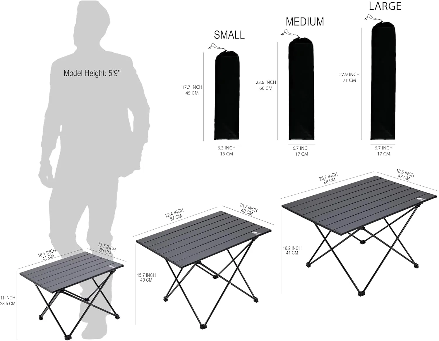 Folding Camping Table, Aluminum Folding Table, Portable Picnic Table with Easy Carrying Bag for Outdoor, Camping, Beach, BBQ, Party (M, Black)