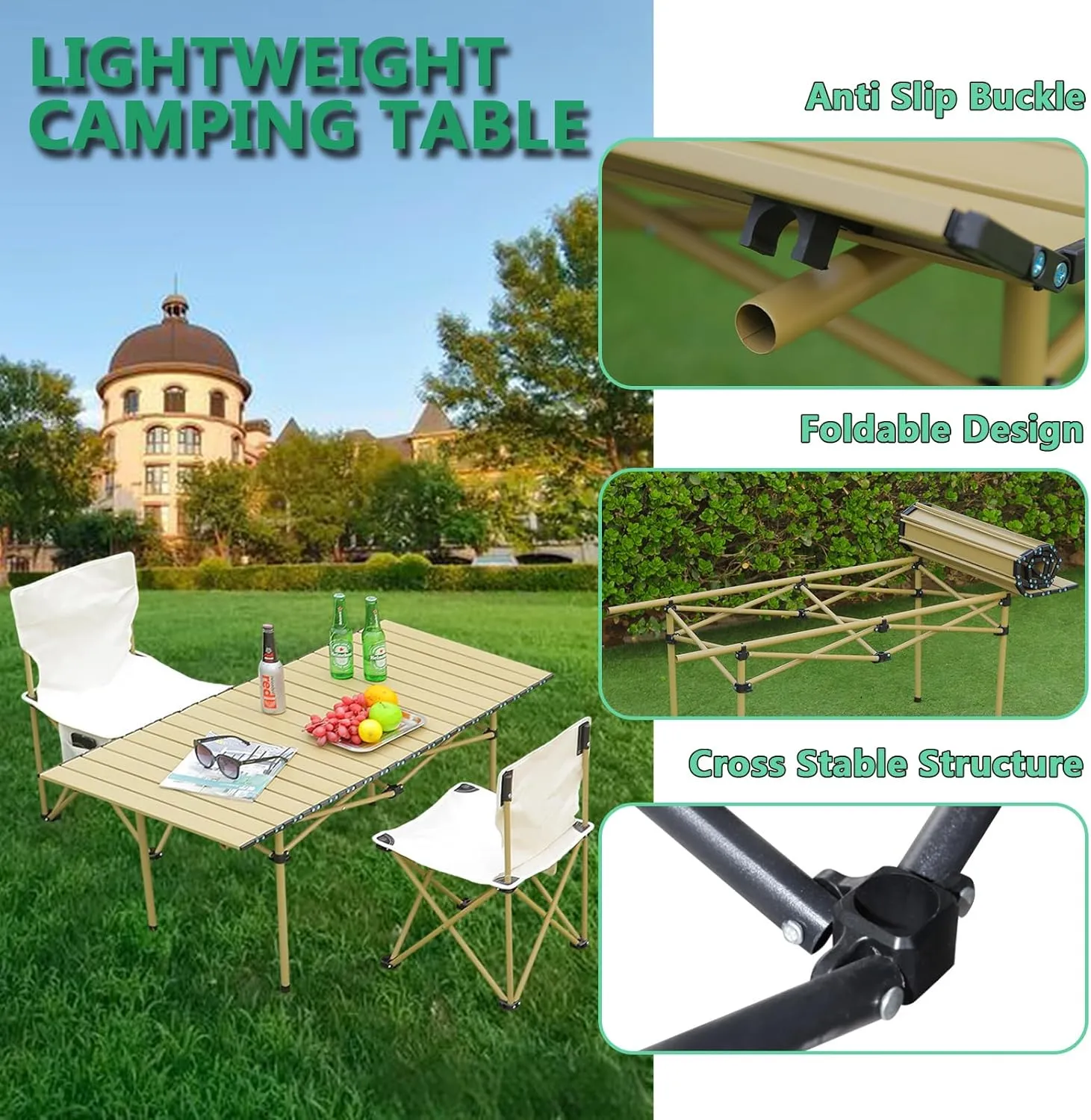 Folding Camping Table, Portable Picnic Table with Carry Bag, Lightweight Aluminum Roll-Up Design for Camping, Backpacking, Beach, BBQ, and Outdoor Parties