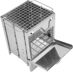 Folding Camping Wood Stove, Stainless Steel Integrated Mini BBQ Grill Wood Burning Camp Stove for Warm Outdoor Picnic