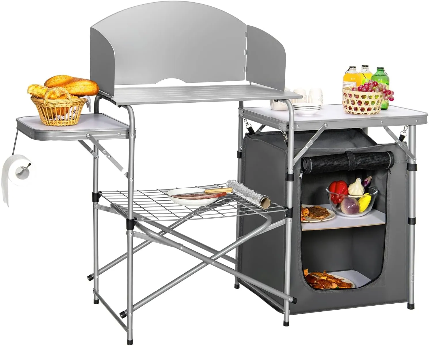 Folding Grill Table, Aluminum Outdoor Cooking Table with 26'' Tabletop, Detachable Windscreen & Carry Bag, Portable Camp Kitchen Table, Camping Kitchen Station for BBQ Camping Picnic (Grey)