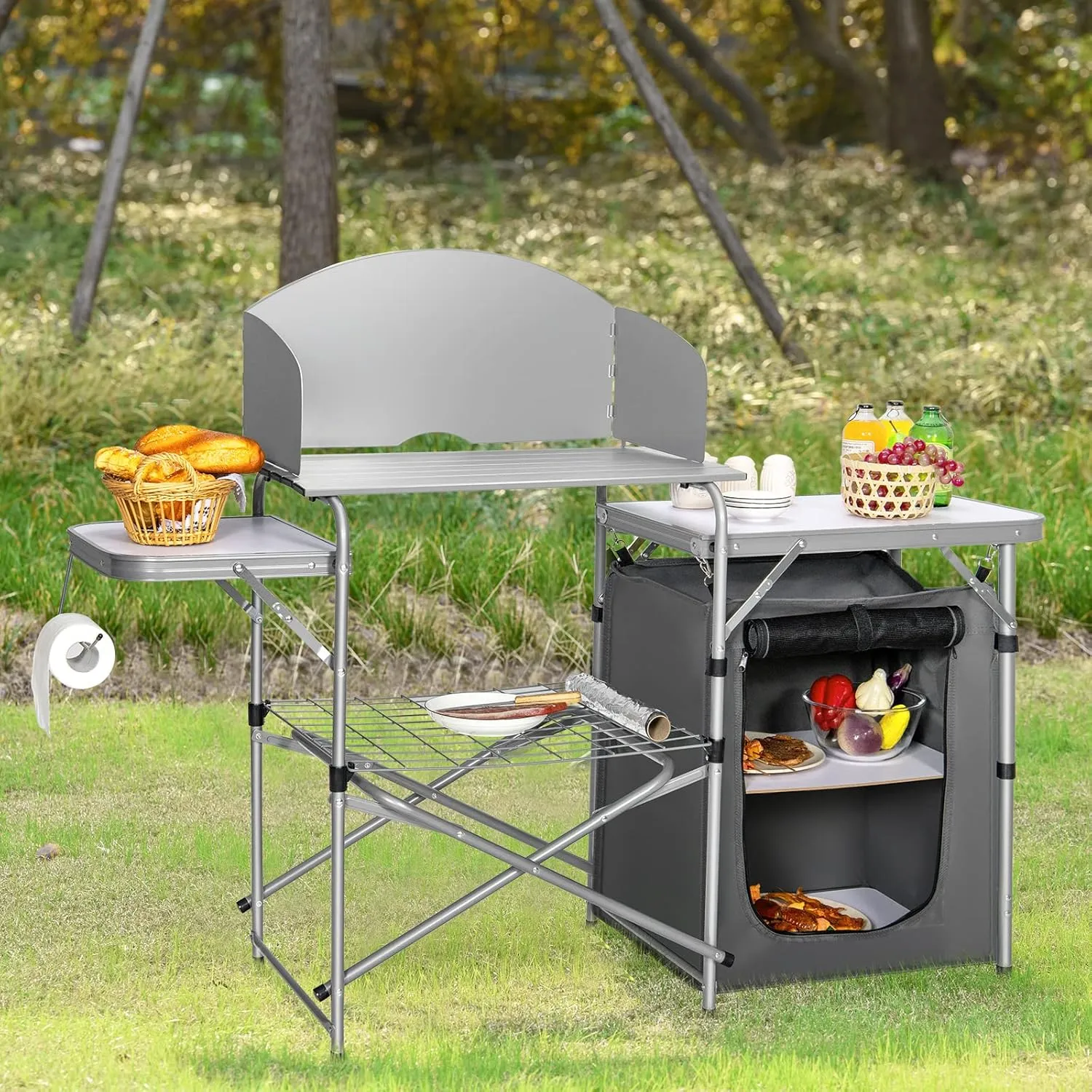 Folding Grill Table, Aluminum Outdoor Cooking Table with 26'' Tabletop, Detachable Windscreen & Carry Bag, Portable Camp Kitchen Table, Camping Kitchen Station for BBQ Camping Picnic (Grey)