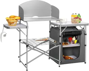 Folding Grill Table, Aluminum Outdoor Cooking Table with 26'' Tabletop, Detachable Windscreen & Carry Bag, Portable Camp Kitchen Table, Camping Kitchen Station for BBQ Camping Picnic (Grey)