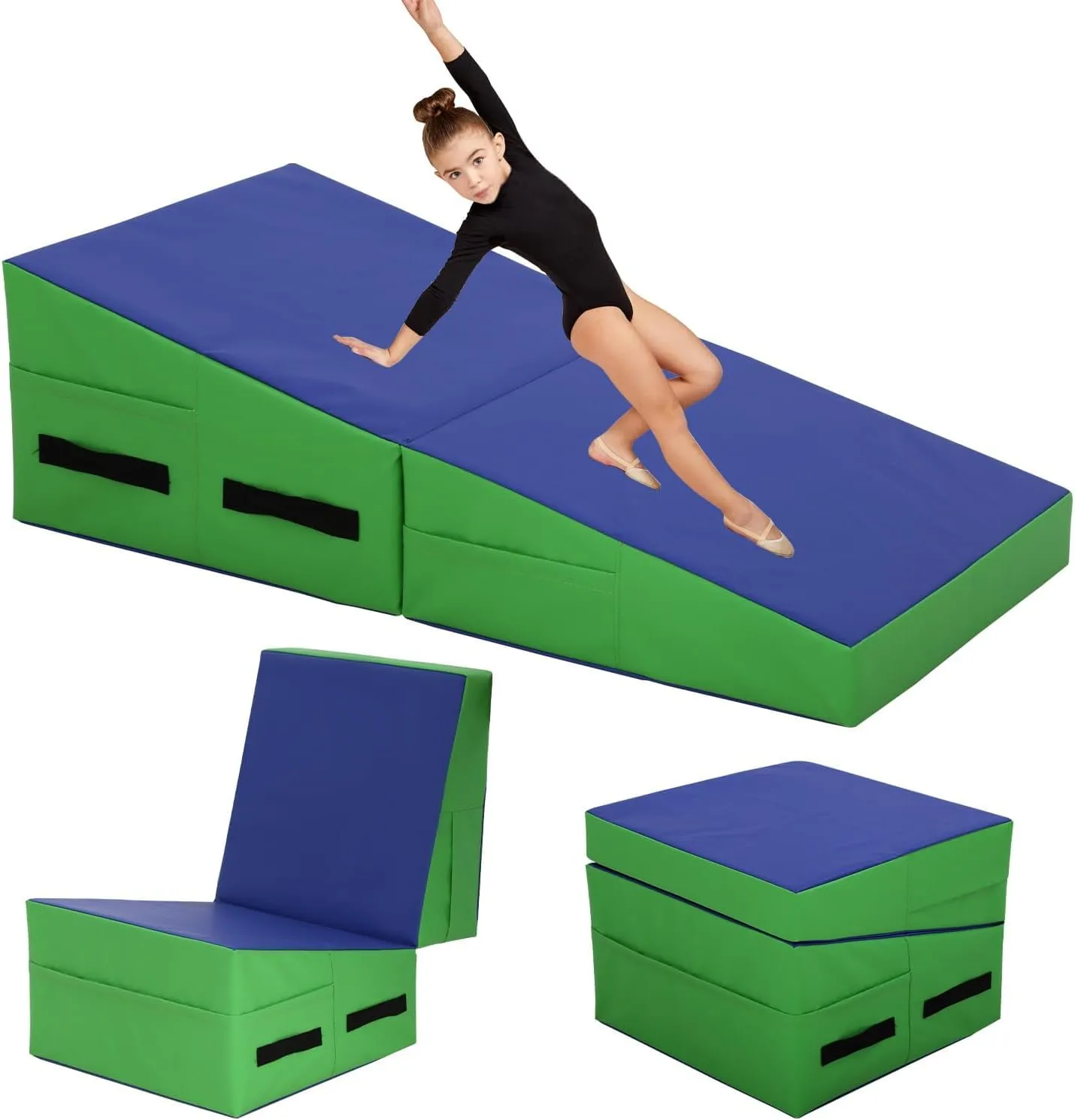 Folding Incline Gymnastics Mat for Tumbling, Folding Tumbling Mats Cheese Wedge Incline Mat with Non-Slip PU Leather Surface & Handles, Gym Fitness Tumbling Matts for Kids Girls Home Training Exercise